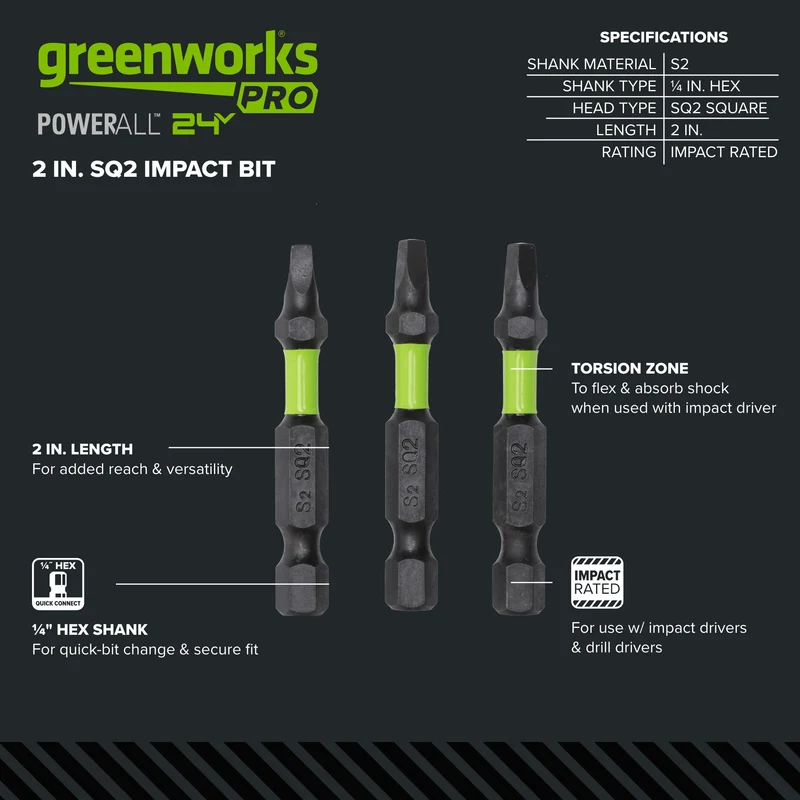 Pro 3-PC S2 2” Impact Rated Bits - Square (#2)