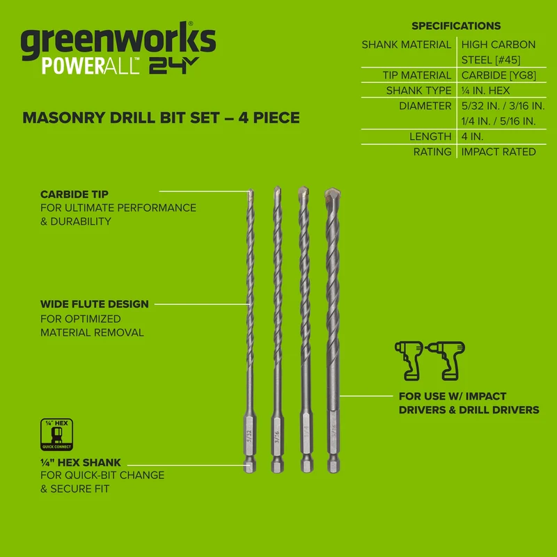 4-PC Hex Shank Masonry Drill Bit Set
