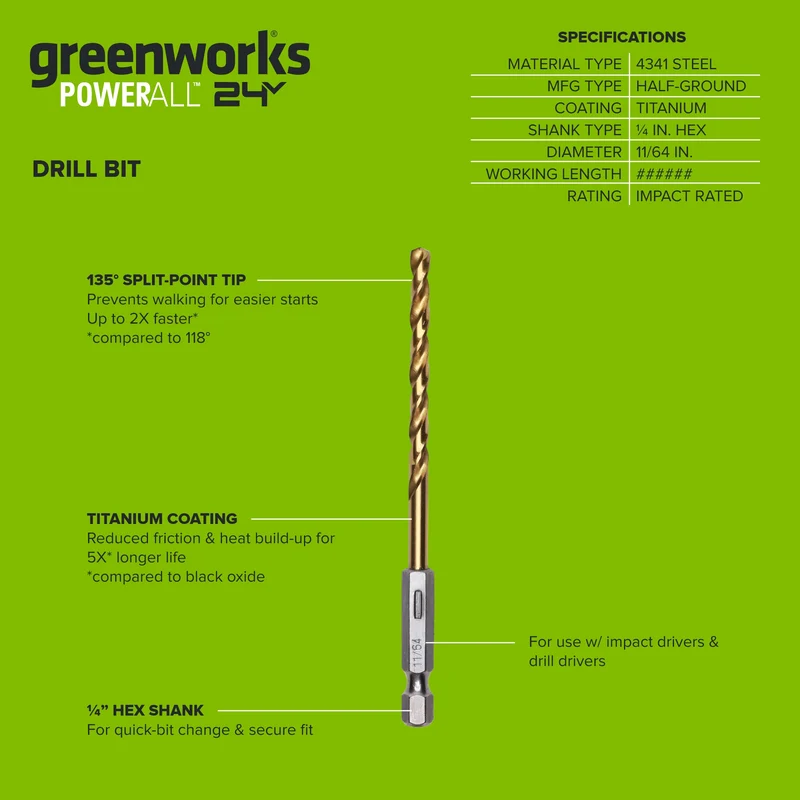 Half Ground 11/64-inch Hex Shank Titanium Drill Bit Set