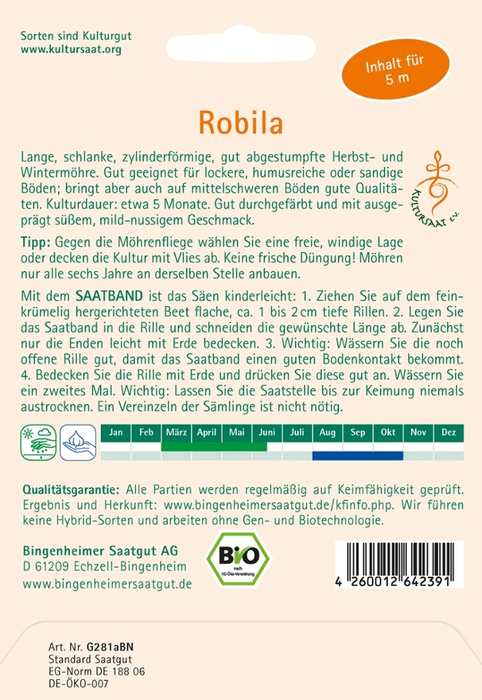 BIO Saatgut Möhre Robila, spät Saatband