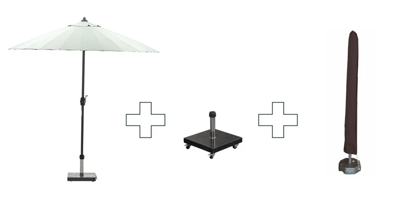 Set van ronde Manilla parasol - met parasolvoet en beschermhoes - 250 cm - Olijfgroen