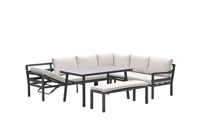 Corsica lounge-diningset - 4-delig - rechts - carbon black - desert sand - grijs slate look glas