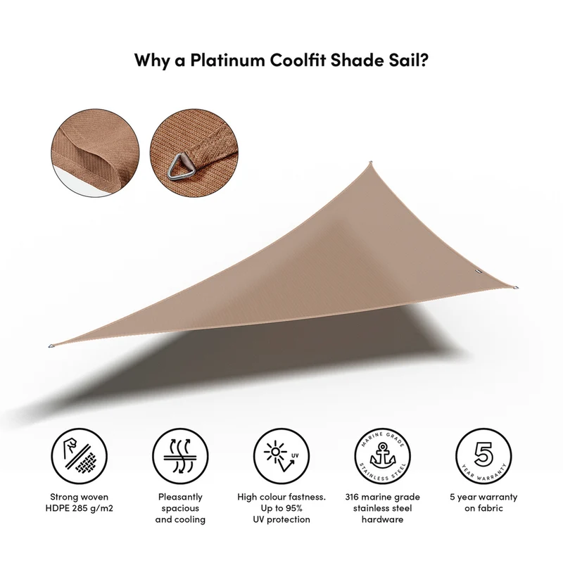 Platinum Sun & Shade Coolfit schaduwdoek driehoek 90°, 570x400x400cm, Zand