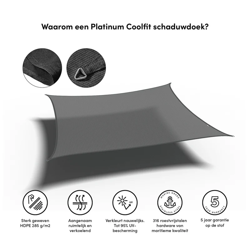 Platinum Sun & Shade Coolfit schaduwdoek vierkant, 500x500cm, Antraciet