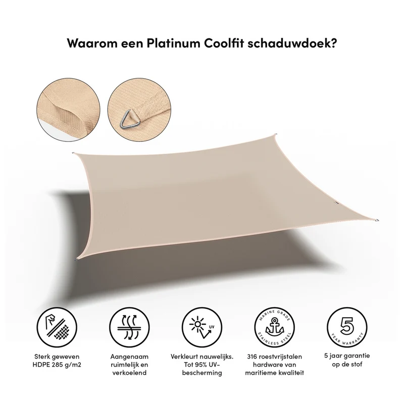 Platinum Sun & Shade Coolfit schaduwdoek vierkant, 360x360cm, Ecru Wit