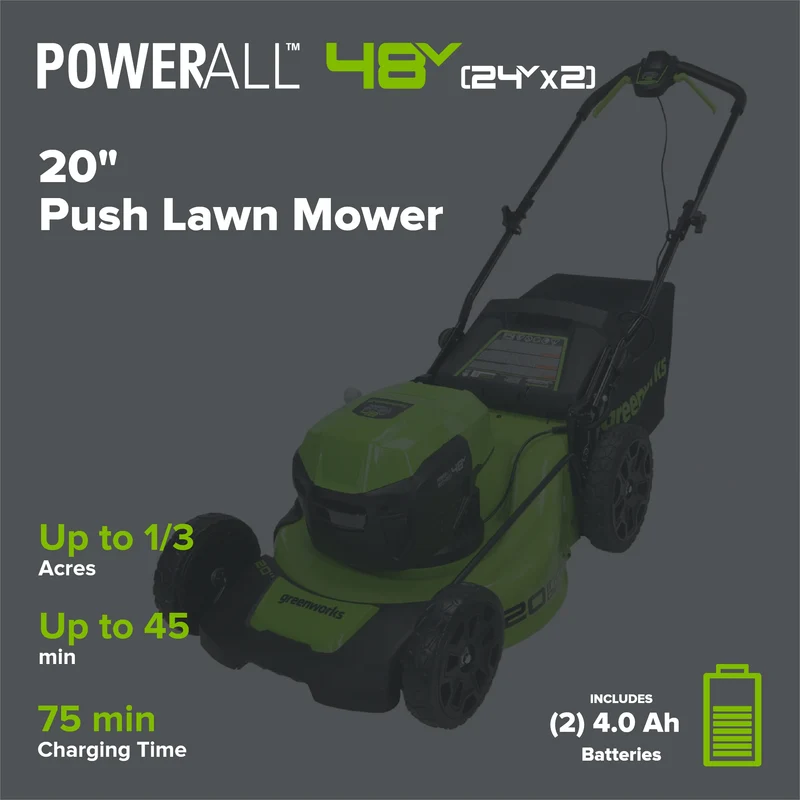 48V (24V x 2) 20" Cordless Battery Push Mower 3PC Combo Kit: (2) 4.0 Ah USB Batteries,(1) 2.0 Ah Battery,(1) Dual-Port Rapid Charger and (1) Charger