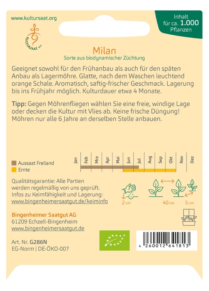 BIO Saatgut Möhren Milan, früh