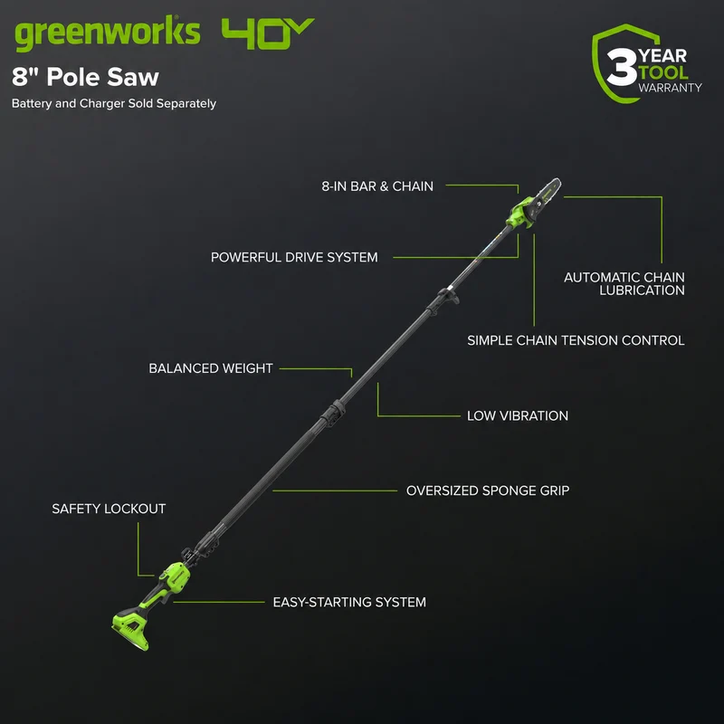 40V 8" Cordless Battery Telescope Pole Saw (Tool Only)