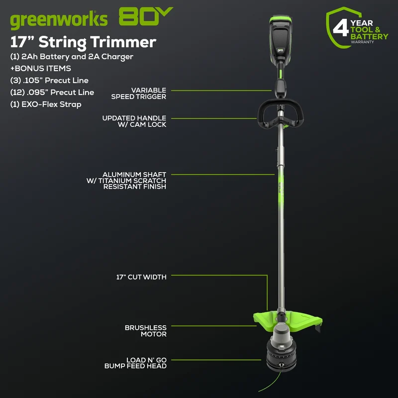 OPEN BOX 80V 17" Brushless String Trimmer: 2.0 Ah Battery and Charger
