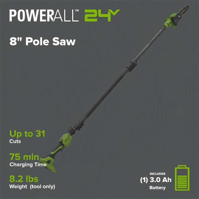 24V Brushless 8" Telescoping Pole Saw & 20" Pole Hedge Combo Kit: (1) 3.0 Ah Type-C Battery & 65W Charger with 3.3-Ft. Cable