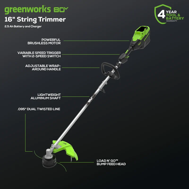 80V 16" Gen3 Cordless Brushless String Trimmer (Attachment Capable): 2.5 Ah Battery and Charger