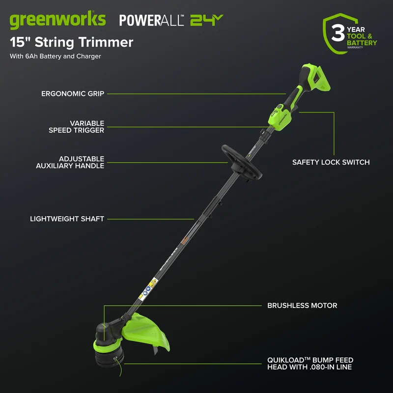 24V 15" Brushless Cordless Battery String Trimmer: (1) 6.0 Ah Battery, (1) 65W USB-C Fast Charger, (1) 3-ft USB-C Cable