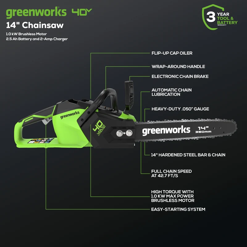 40V 14" Cordless Battery 1.5kW Chainsaw w/ 2.5 Ah Battery & Charger
