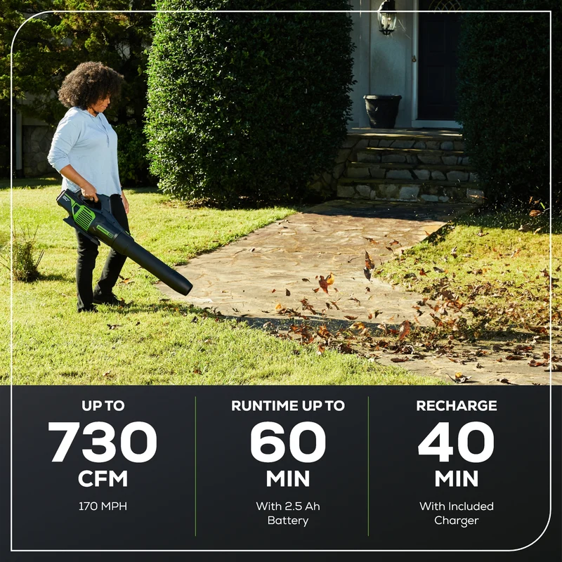 RENEWED 80V 730 CFM Cordless Battery Leaf Blower, Extra Shoulder Strap: 2.5 Ah Battery and Rapid Charger