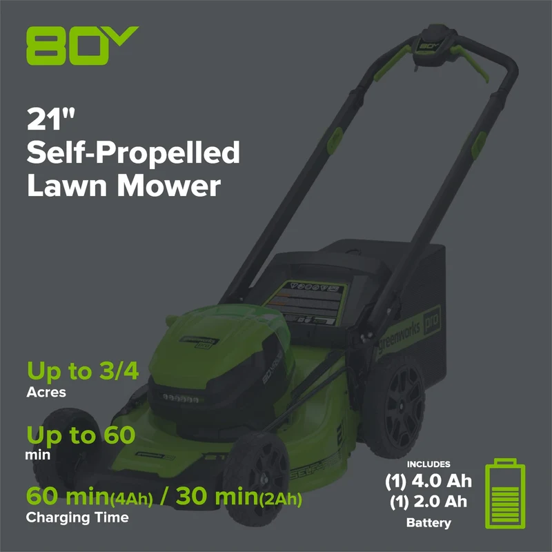 OPEN BOX 80V 21" Cordless Battery 4-in-1 Self-Propelled Lawn Mower: 4.0 Ah: 2.0 Ah Battery and Rapid Charger, LM2118S