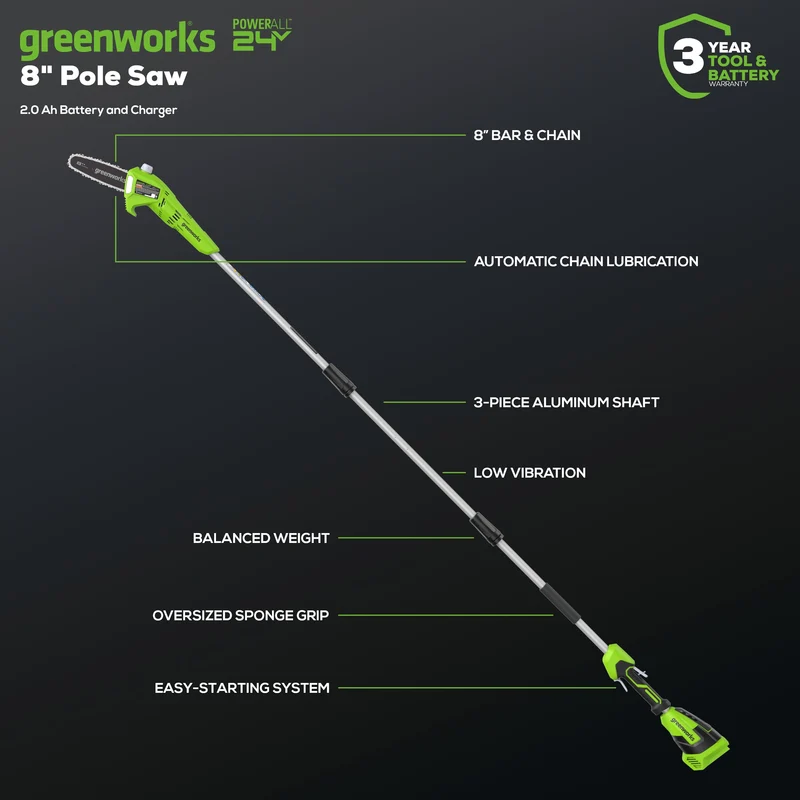 24V 8" Cordless Battery Pole Saw w/ 2.0 Ah Battery & Charger