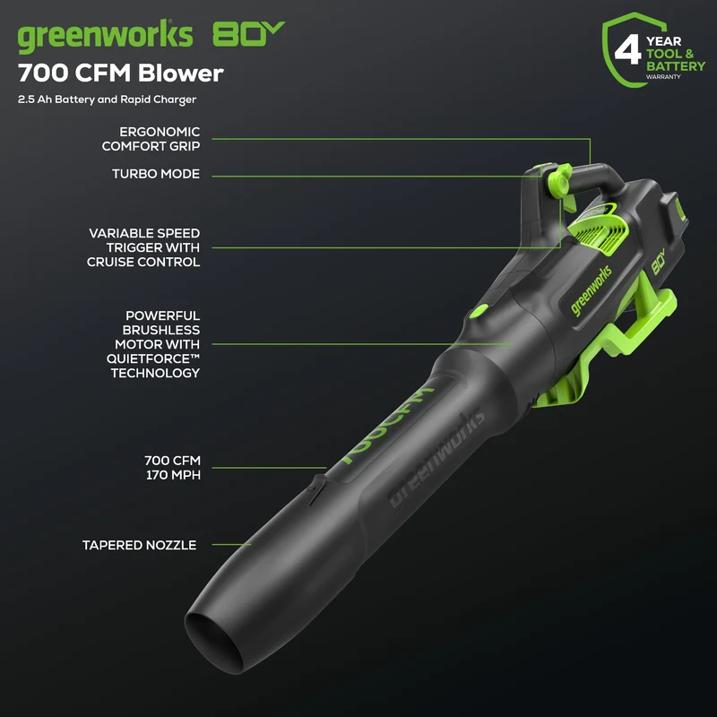 80V 700CFM Cordless Battery Blower w/ 2.5Ah Battery & Charger