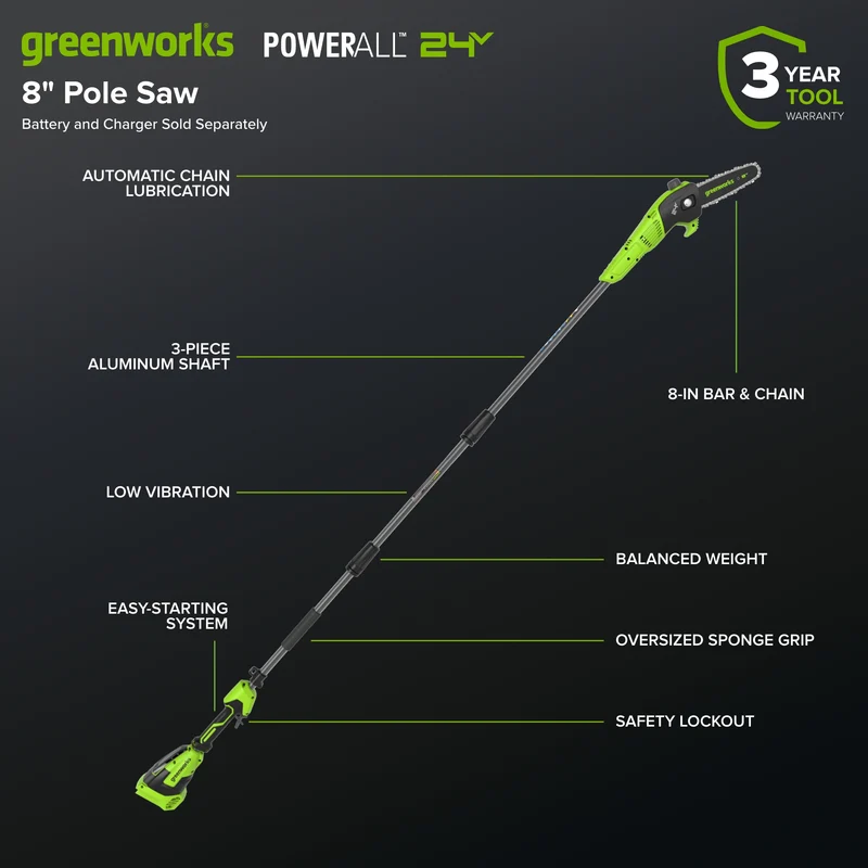 24V 8" Cordless Battery Pole Saw (Tool Only)