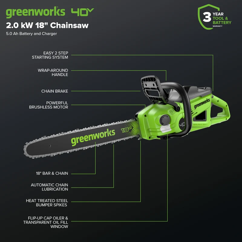 40V 18" Cordless Battery 2.0 kW Chainsaw: 5.0 Ah Battery and 5A Charger