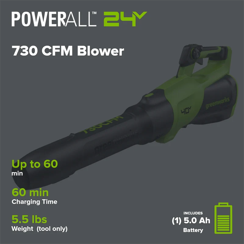 40V 730 CFM Cordless Battery Leaf Blower: 5.0 Ah Battery and 5A Charger