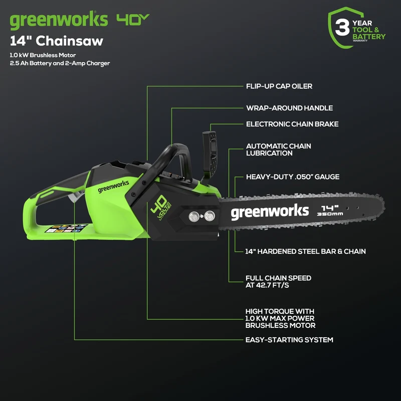 40V 14" Cordless Battery 1.0 kW Chainsaw and 10" Pole Saw and Hedge Trimmer Attachment: (2) 2.5 Ah Battery and (2) Chargers