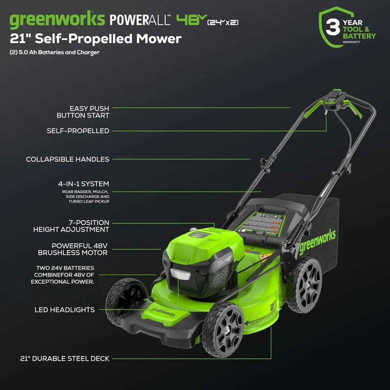 48V (24V x 2) 21" Cordless Battery Self-Propelled Mower 5PC Combo Kit: (2) 5.0Ah Batteries and Chargers