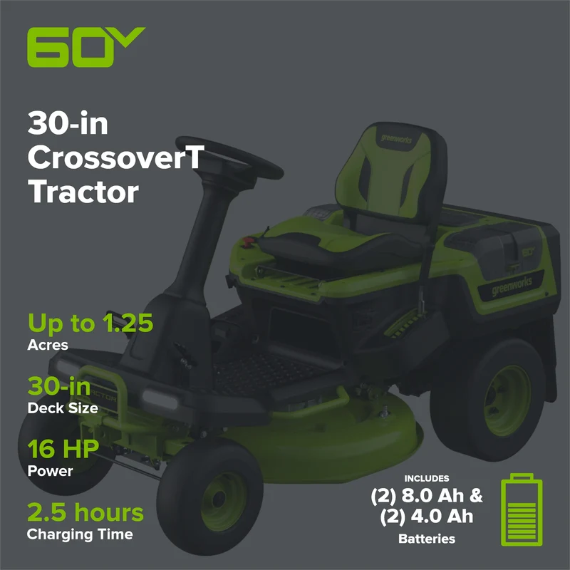 60V 30” CrossoverT Riding Lawn Tractor with (2) 8.0 Ah, (2) 4.0 Ah Batteries & 600-Watt Charger, CRT3061
