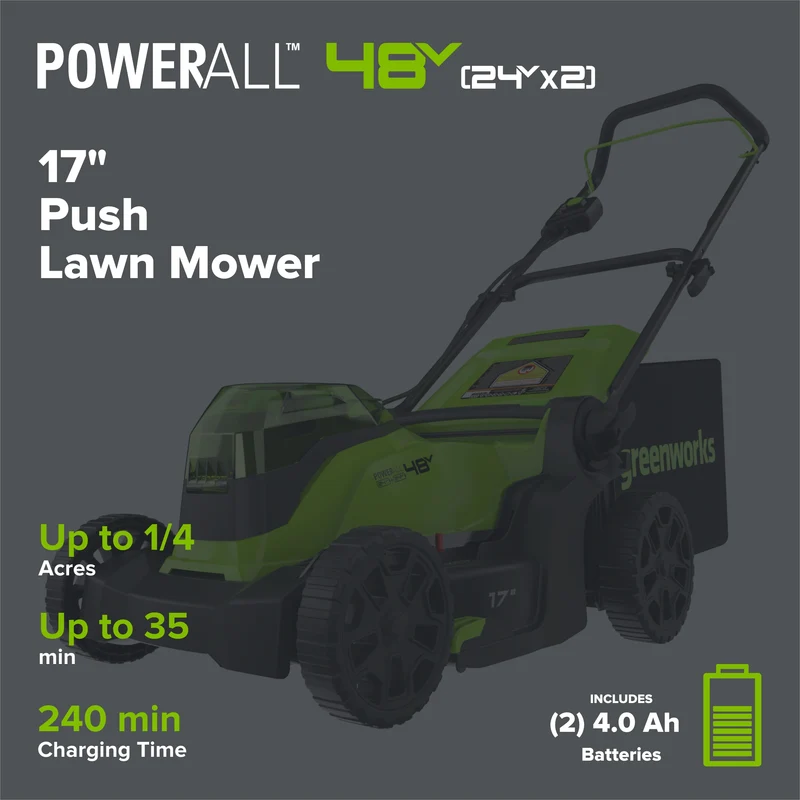 48V (24V x 2) 17" Cordless Battery Push Lawn Mower: (2) 4.0 Ah Batteries and Dual-Port Charger, LM1702