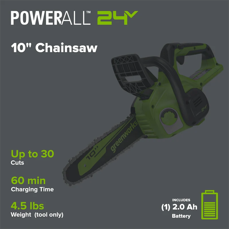 24V 10" Cordless Battery Chainsaw: 2.0 Ah USB Battery and Charger