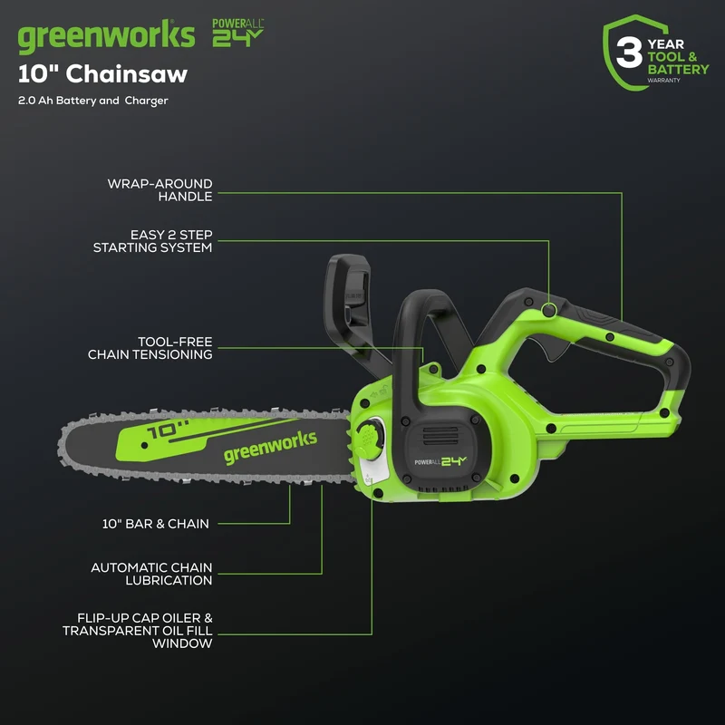 24V 10" Cordless Battery Chainsaw: 2.0 Ah USB Battery and Charger