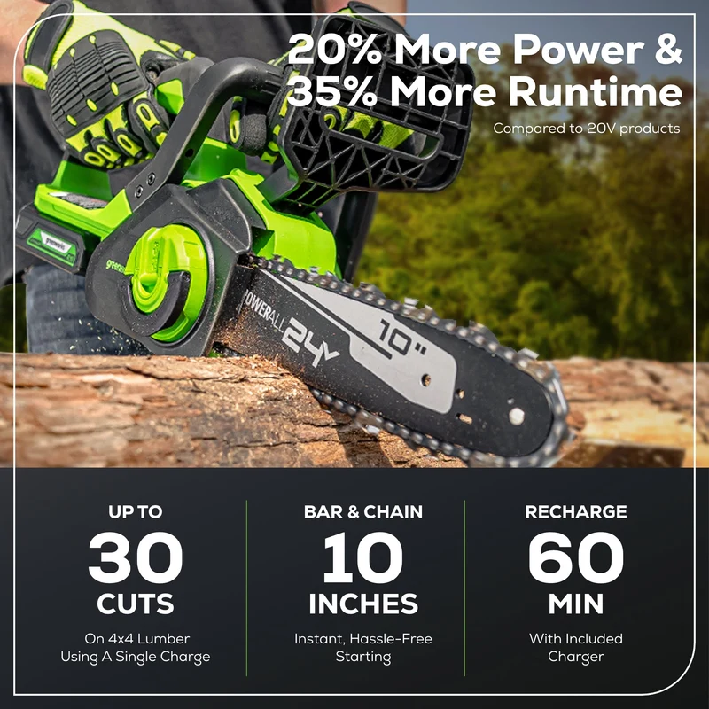 24V 10" Cordless Battery Chainsaw: 2.0 Ah USB Battery and Charger