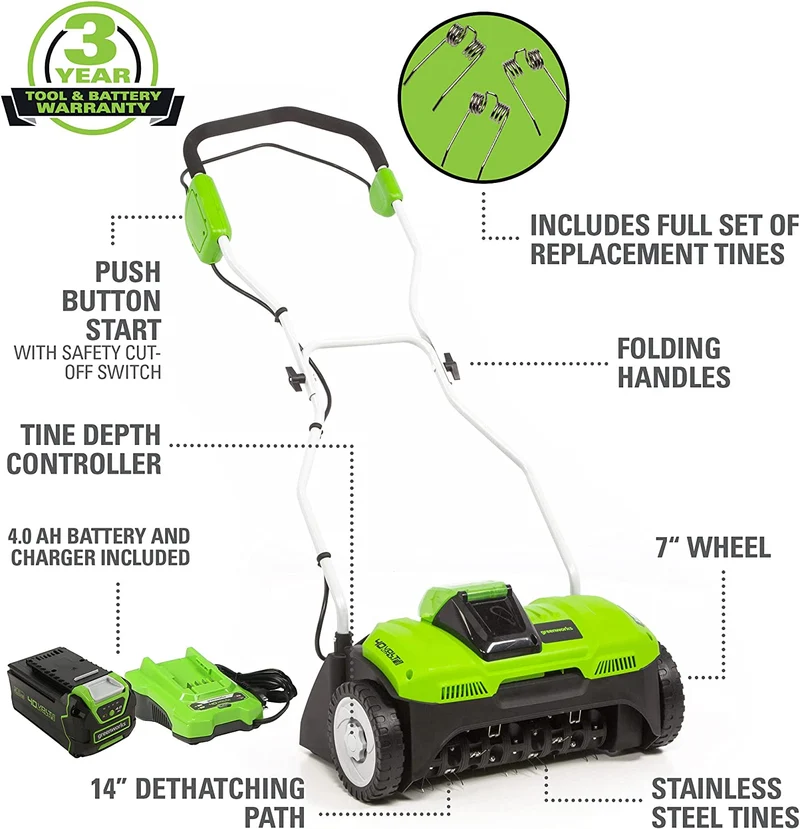 40V 14" Cordless Dethatcher: 4.0 Ah Battery and Charger