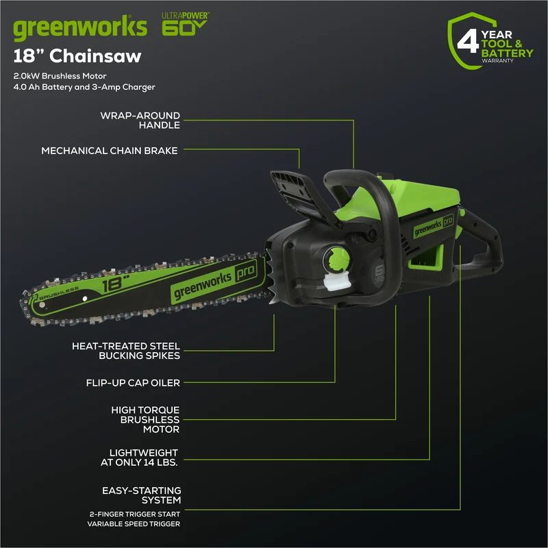 60V 18" Cordless Battery 2.0kW Chainsaw w/ 4.0 Ah Battery & Charger