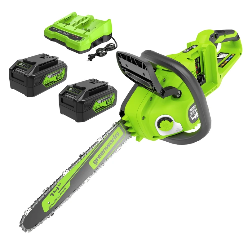 48V (24V x 2) 14" Cordless Battery Chainsaw: (2) 4.0 Ah USB Batteries and Dual-Port Charger