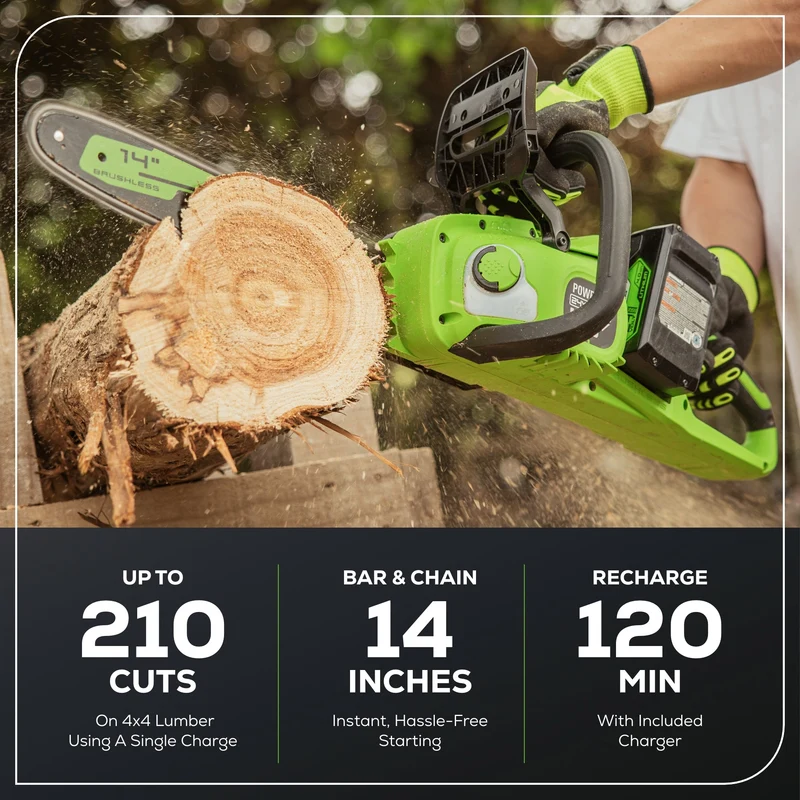 48V (24V x 2) 14" Cordless Battery Chainsaw: (2) 4.0 Ah USB Batteries and Dual-Port Charger