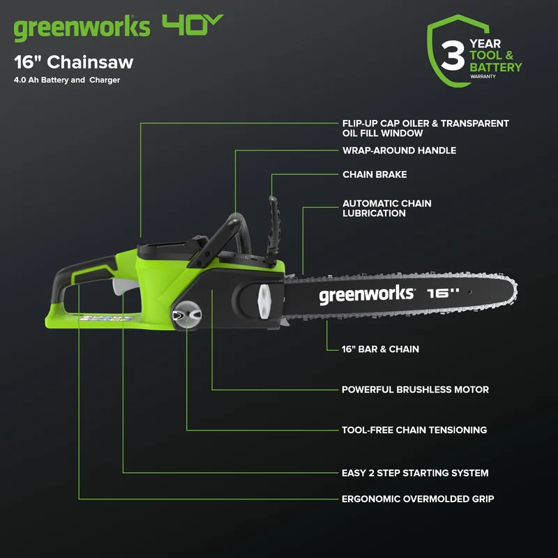 40V 16" Brushless Cordless Chainsaw w/ 4.0Ah Battery & Charger