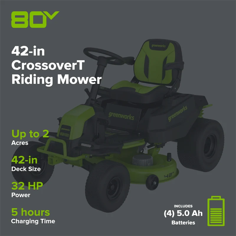 80V 42" Cordless Battery CrossoverT Riding Lawn Mower, (4) 5.0Ah Batteries and 600W Wall Charger, CRT4282