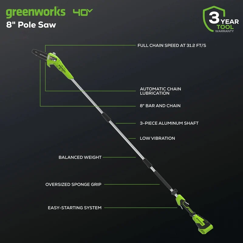 40V 8" Cordless Battery Pole Saw (Tool Only)
