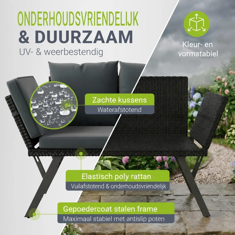 Polyrattan Multifunktionsbank Calvia Schwarz/Grau/Creme