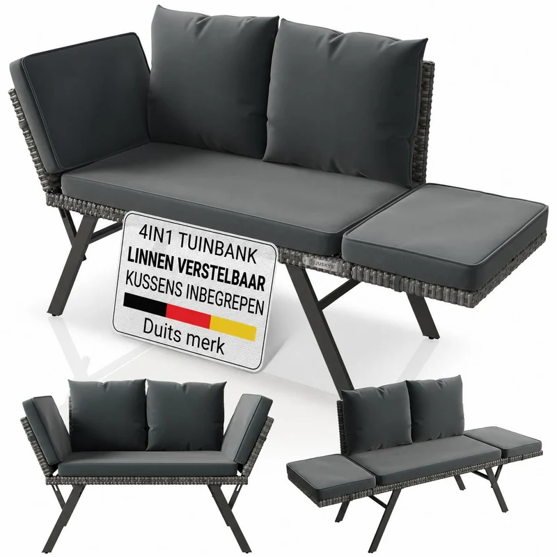 Polyrattan Multifunktionsbank Calvia Schwarz/Grau/Creme