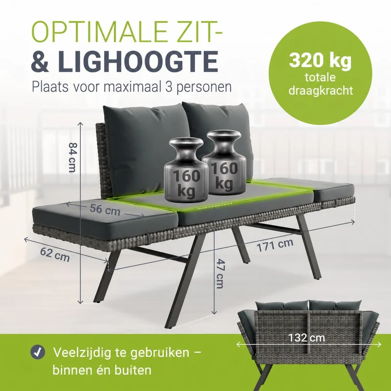 Polyrattan Multifunktionsbank Calvia Schwarz/Grau/Creme