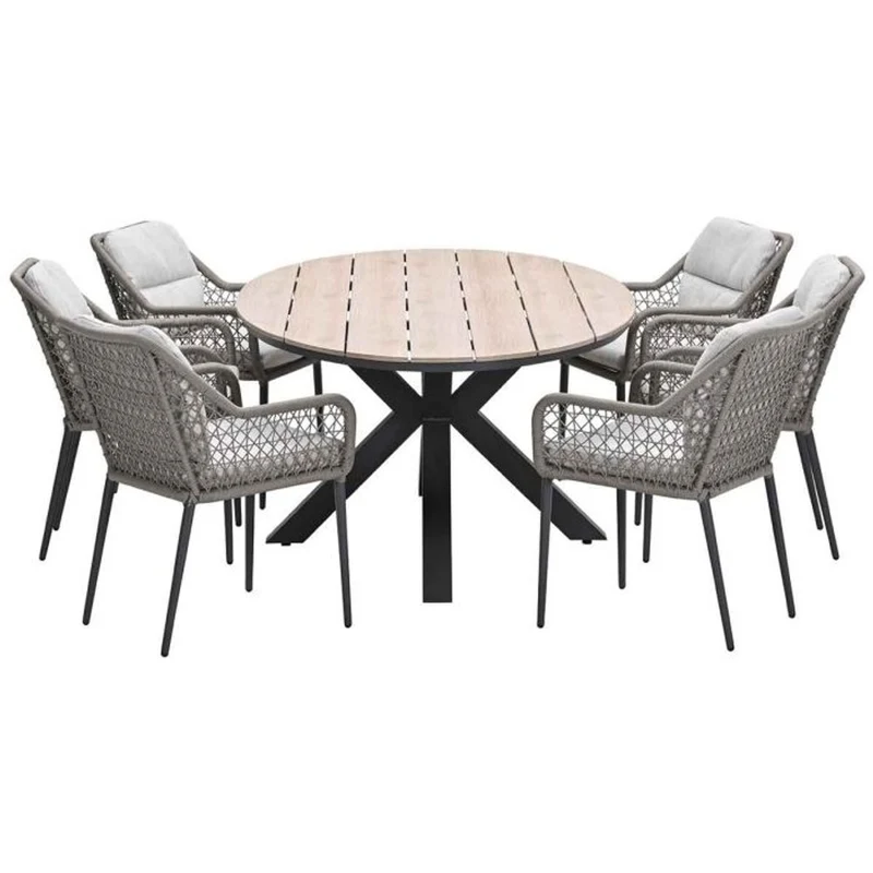 Toledo tuinset 7-delig carbon black rope taupe met Edison tuintafel ovaal 220x115 cm light teak vironwood