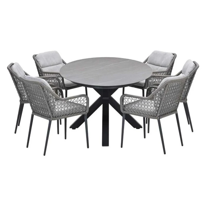 Toledo tuinset 7-delig carbon black rope taupe met Edison tuintafel ovaal 220x115 cm light teak vironwood
