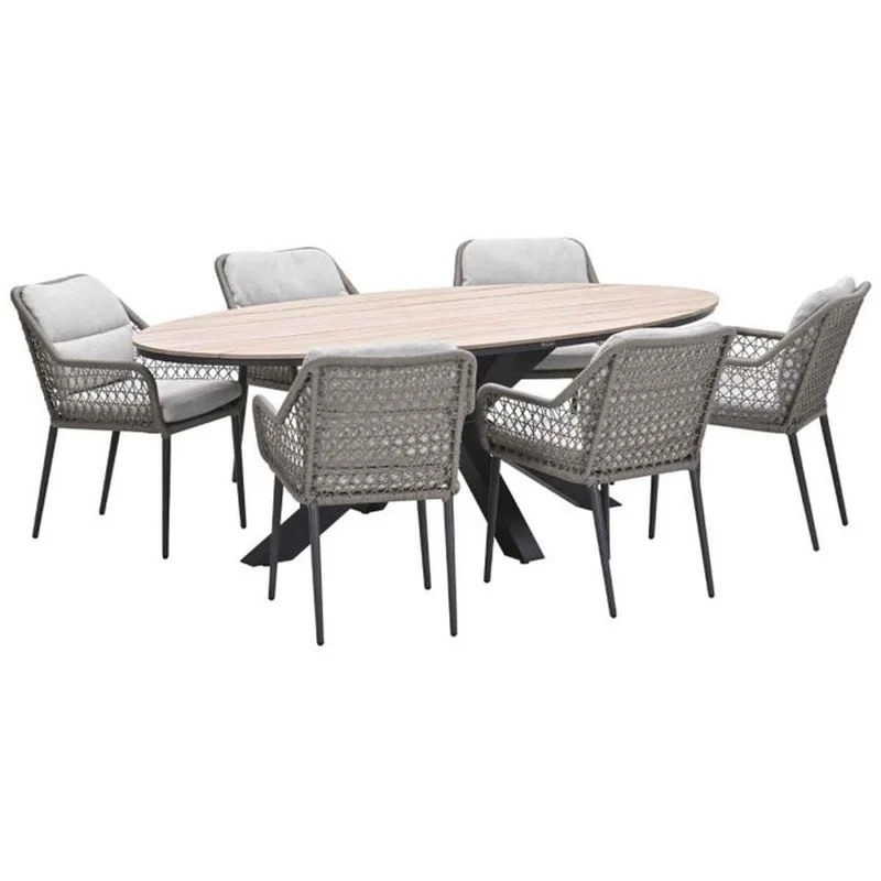 Toledo tuinset 7-delig carbon black rope taupe met Edison tuintafel ovaal 220x115 cm light teak vironwood