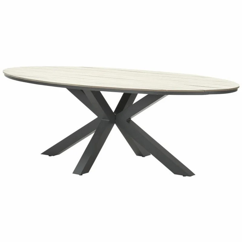 Toledo tuinset 7-delig carbon black rope taupe met Edison tuintafel ovaal 220x115 cm light teak vironwood