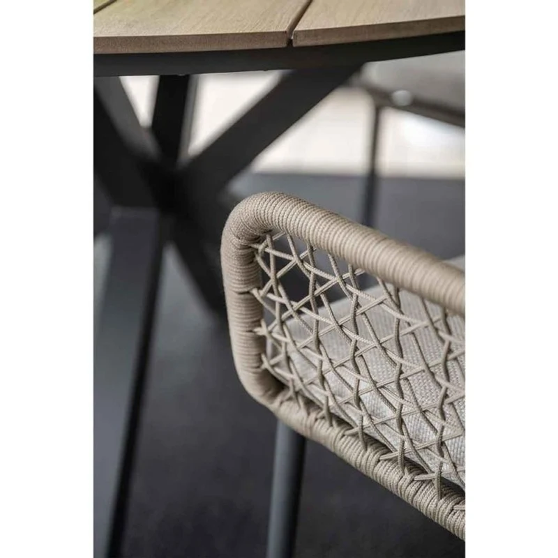 Toledo tuinset 5-delig carbon black rope taupe met Edison tuintafel rond 122 cm light teak vironwood