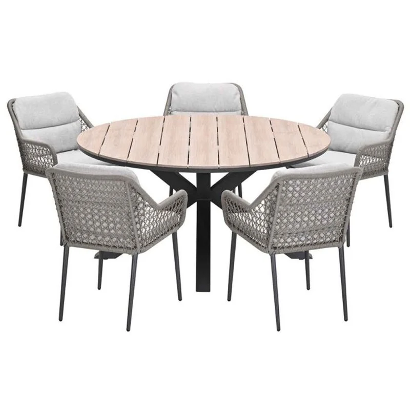 Toledo tuinset 6-delig carbon black rope taupe met Edison tuintafel rond 148 cm light teak vironwood