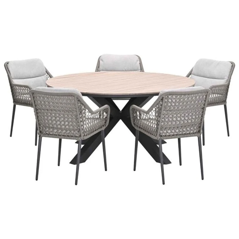 Toledo tuinset 6-delig carbon black rope taupe met Edison tuintafel rond 148 cm light teak vironwood