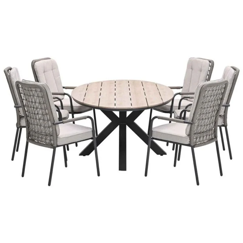 Venice tuinset 7-delig carbon black rope taupe met Edison tuintafel ovaal 220x115 cm light teak vironwood