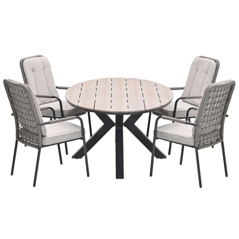 Venice tuinset 5-delig carbon black rope taupe met Edison tuintafel ovaal 180x115 cm light teak vironwood